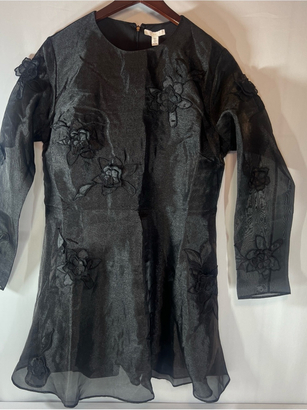 NWT H&M Black Embroidered Dress Womens Large Round Neckline Long Sleeve